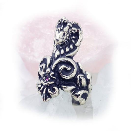 RAM Fleur De Lis Sterling Silver Ring with Ruby Stones