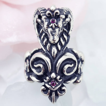 RAM Fleur De Lis Sterling Silver Ring with Ruby Stones