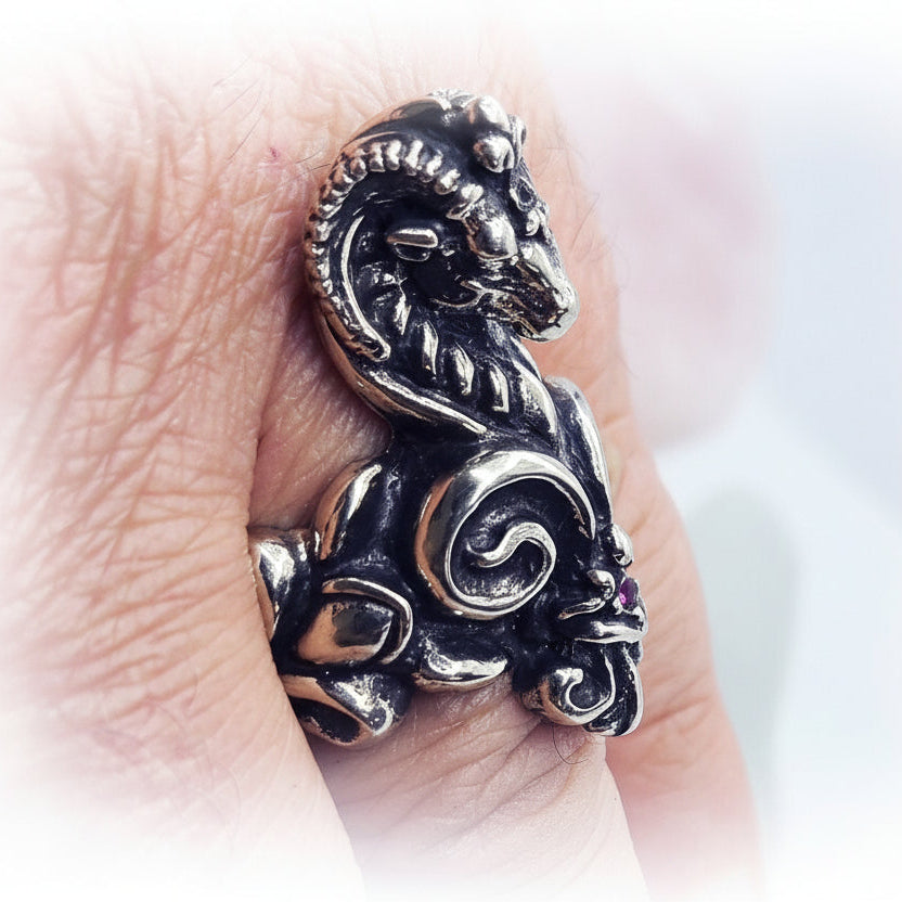 RAM Fleur De Lis Sterling Silver Ring with Ruby Stones