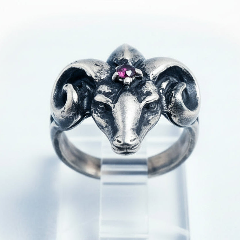 Ram Small Sterling Silver Ring with Ruby