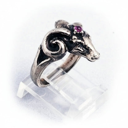 Ram Small Sterling Silver Ring with Ruby