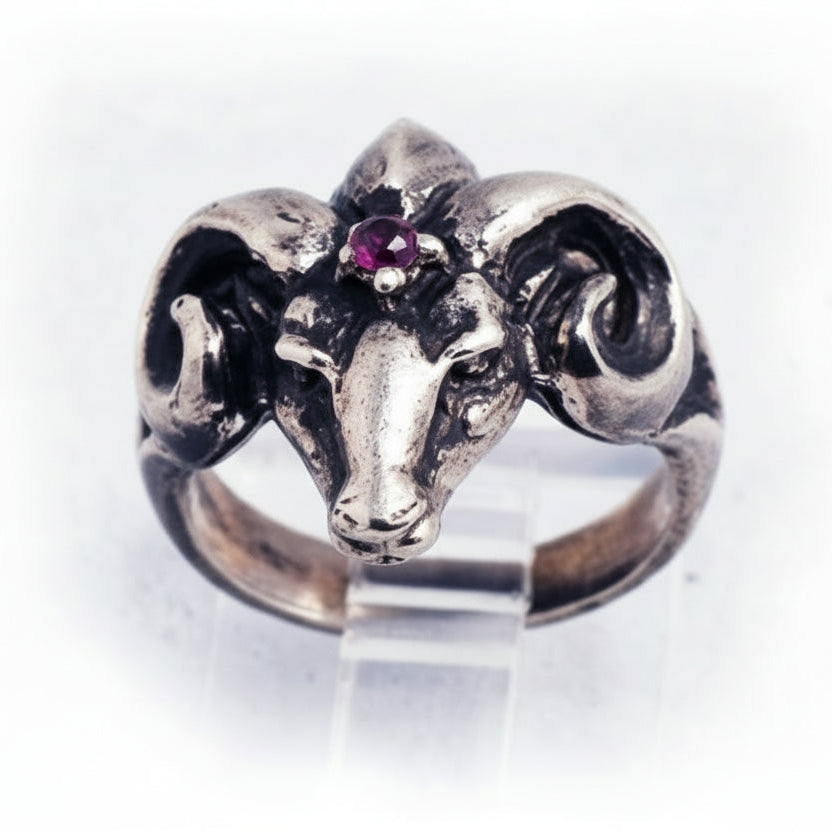 Ram Small Sterling Silver Ring with Ruby