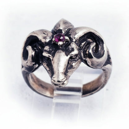 Ram Small Sterling Silver Ring with Ruby