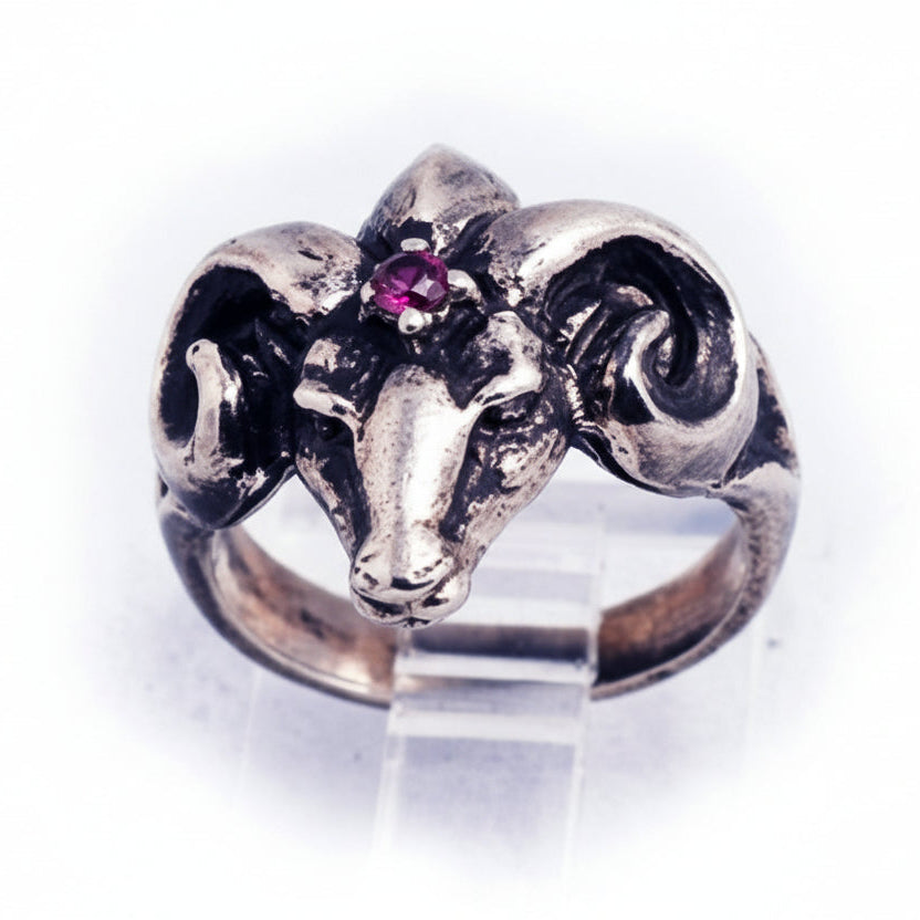 The Ram Small Silver Ring with Ruby