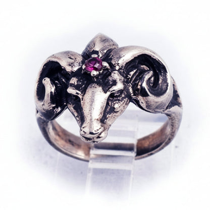The Ram Small Silver Ring with Ruby