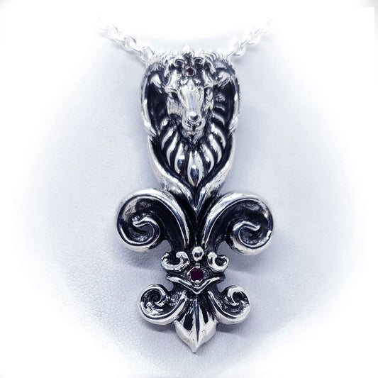 Ram's Head Aires Fleur-de-lis with Crown and Rubies Sterling Silver Pendant