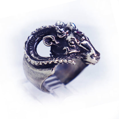 Ram Sterling Silver Ring Garnet Stone Antique Finish