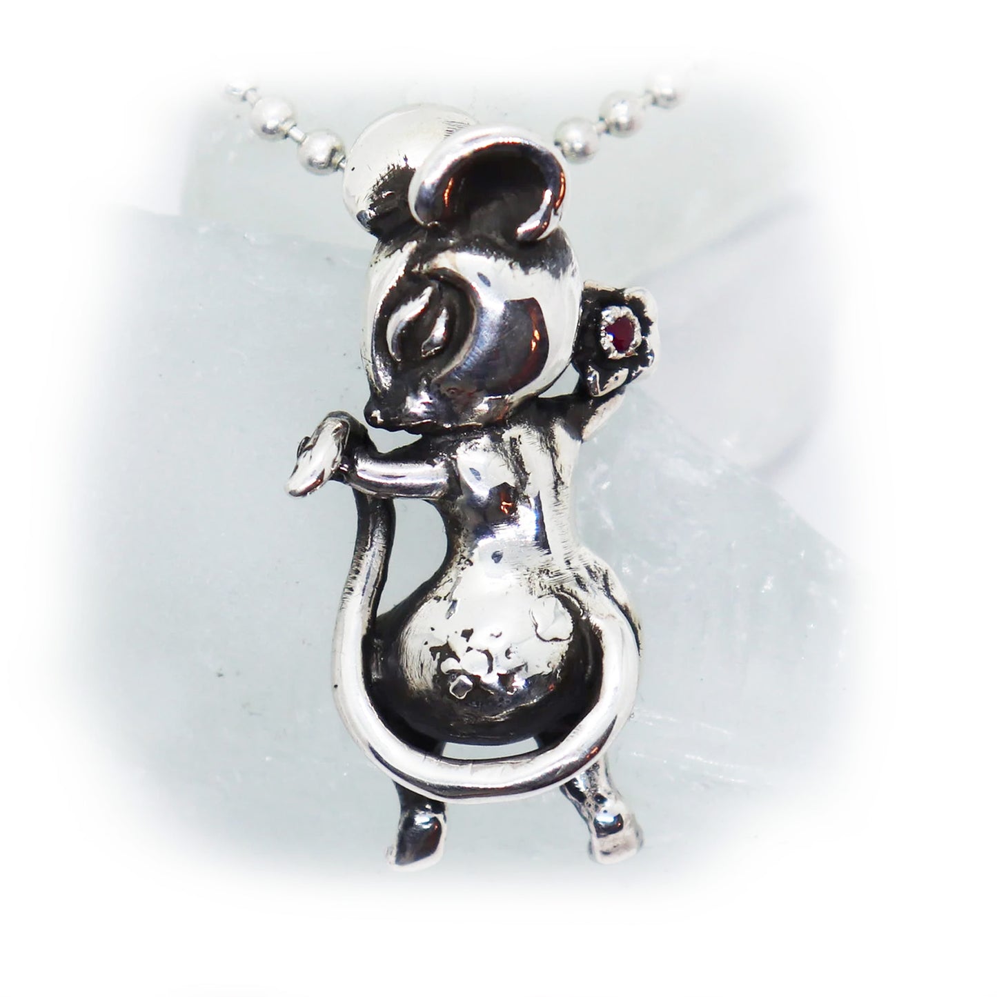 Rat Year Mous Sterling Silver Pendant Ruby Stone