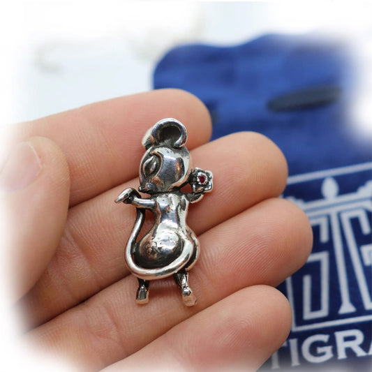 Rat Year Mous Sterling Silver Pendant Ruby Stone
