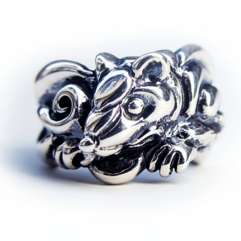 Rat Year Zodiac Sign Sterling Silver Ring V1