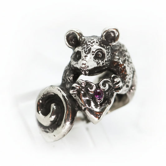 Rat With Heart Shaped Cheese with Ruby Stone Silver Ring