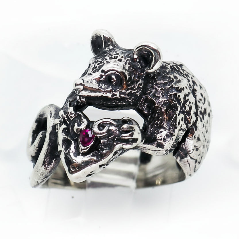Rat With Heart Shaped Cheese with Ruby Stone Silver Ring