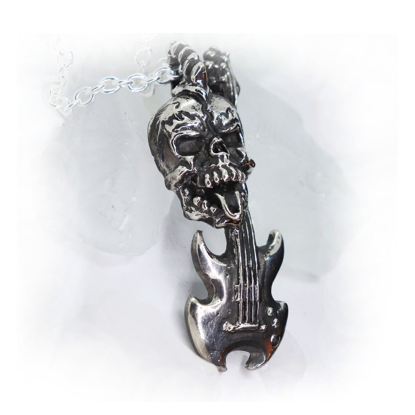 Rock N Roll Skull with Guitar Sterling Silver Pendant