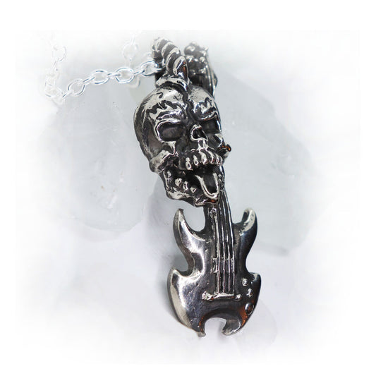 Rock N Roll Skull with Guitar Sterling Silver Pendant