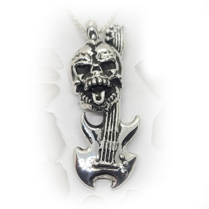 Rock N Roll Skull with Guitar Sterling Silver Pendant