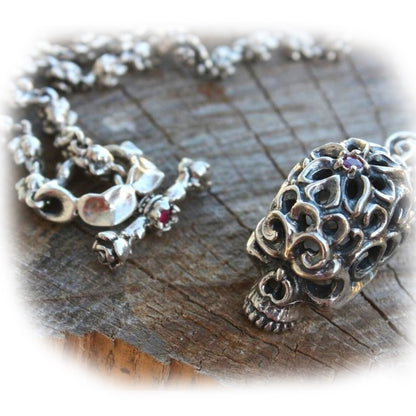 Rose Skull Pendant With Ruby And Rose Bud Chain Necklace