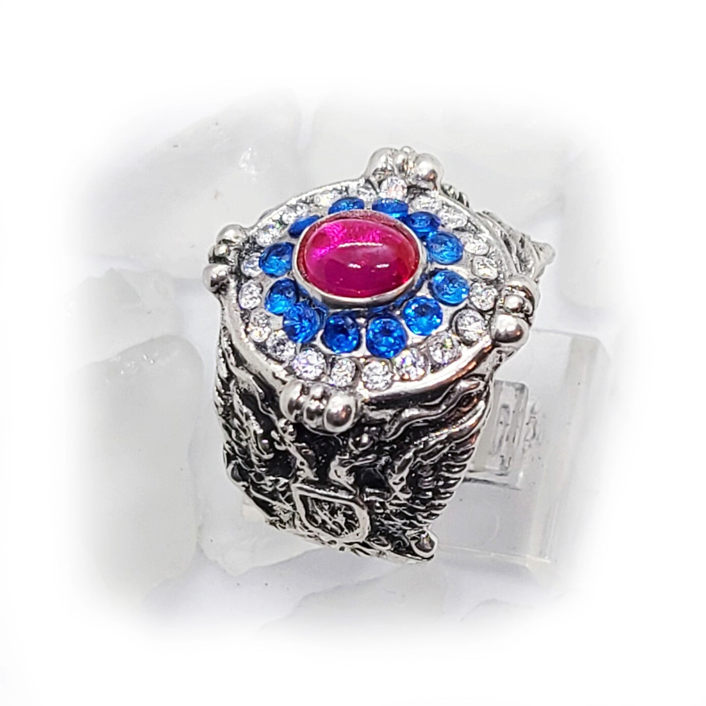 Russian Oval Silver Ring with Flag Color Stones