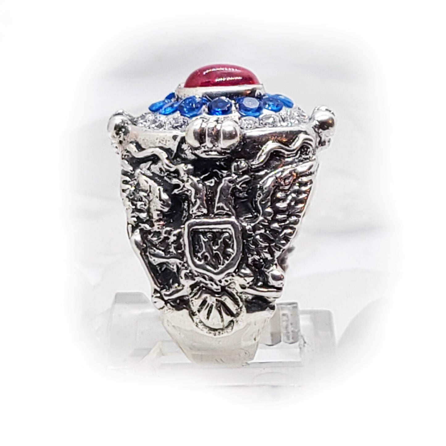 Russian Oval Silver Ring with Flag Color Stones
