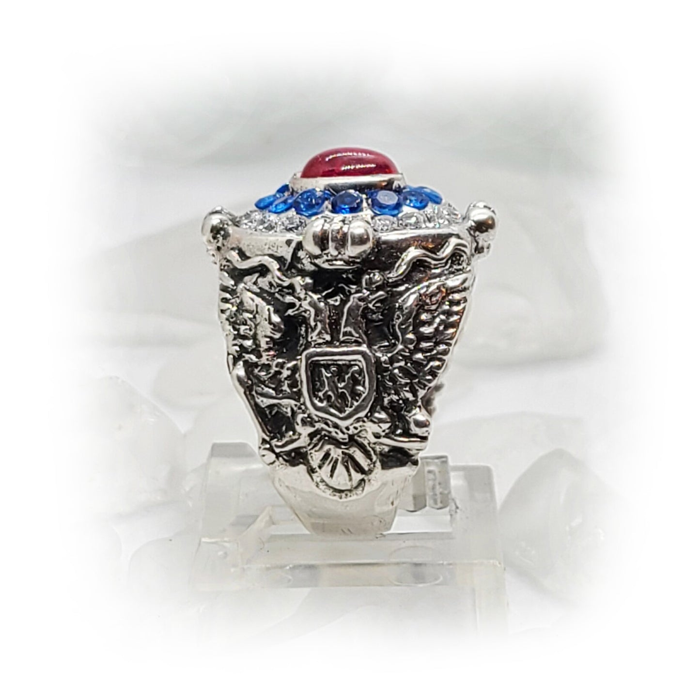 Russian Oval Silver Ring with Flag Color Stones
