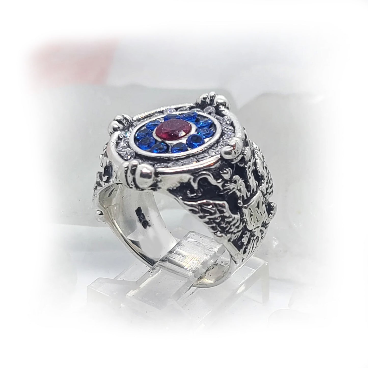 Russian Silver Ring with Flag Color Stones V1