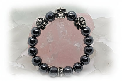 Skull and Double Roses Silver Beads with Hematite and Black Onyx Stone Beads Bracelet