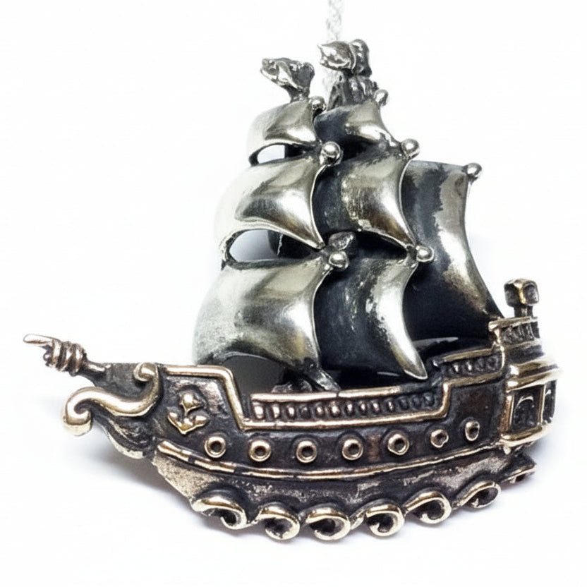 Ship of 18th Century Sterling Silver and Bronze Pendant