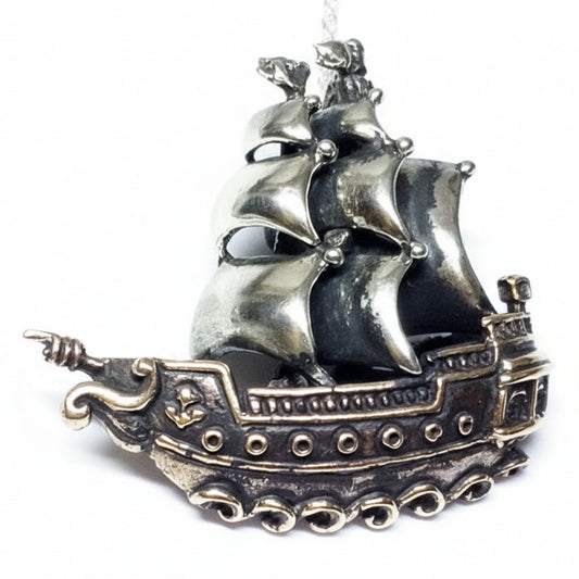 Ship of 18th Century Sterling Silver and Bronze Pendant