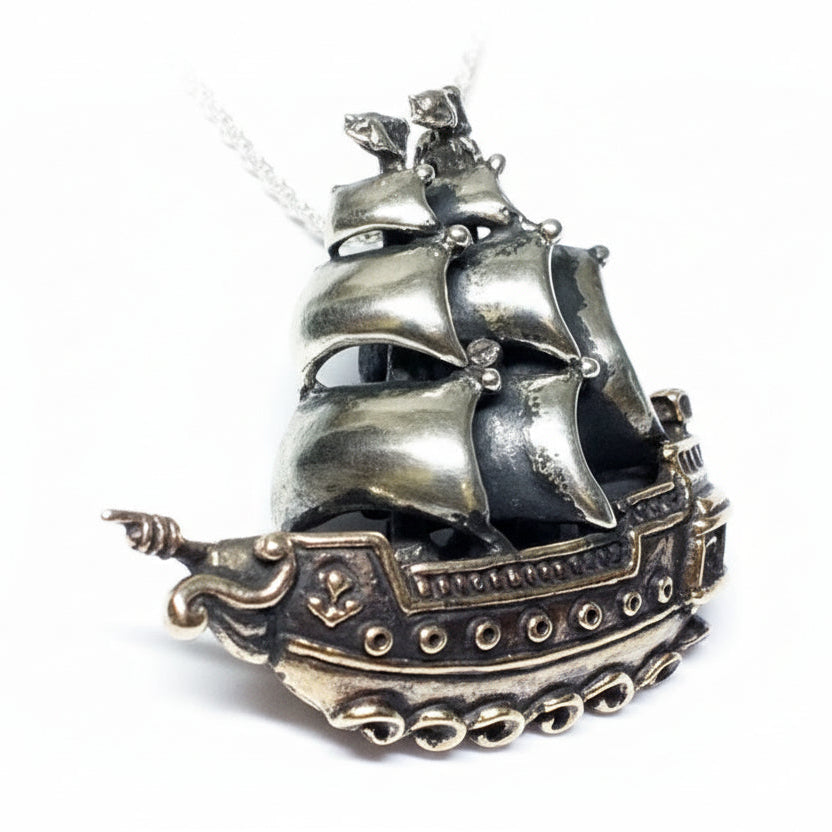 Ship of 18th Century Sterling Silver and Bronze Pendant