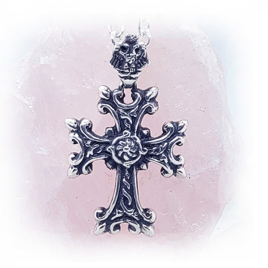 Sterling Silver Armenian Cross Pendant with  Coat of Arms Loop