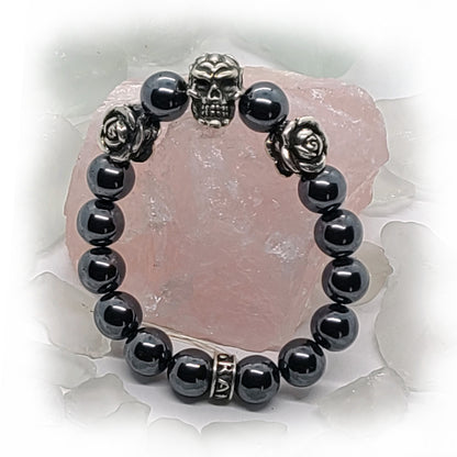 Skull and Double Roses Silver Beads with Hematite and Black Onyx Stone Beads Bracelet