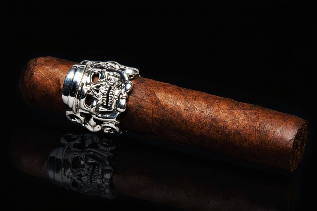 Skull Cigar Sterling Silver Ring With Ruby