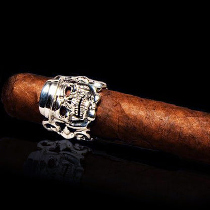 Skull Cigar Sterling Silver Ring With Ruby