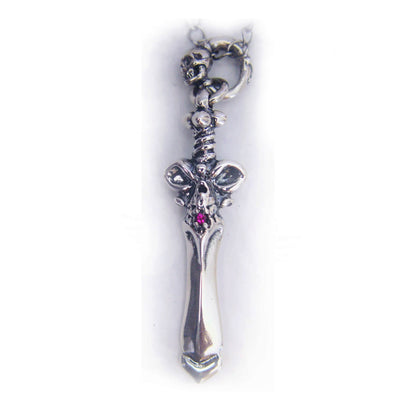 Skull Face Dagger Silver Pendant with Ruby