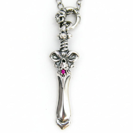 Skull Face Dagger Silver Pendant with Ruby