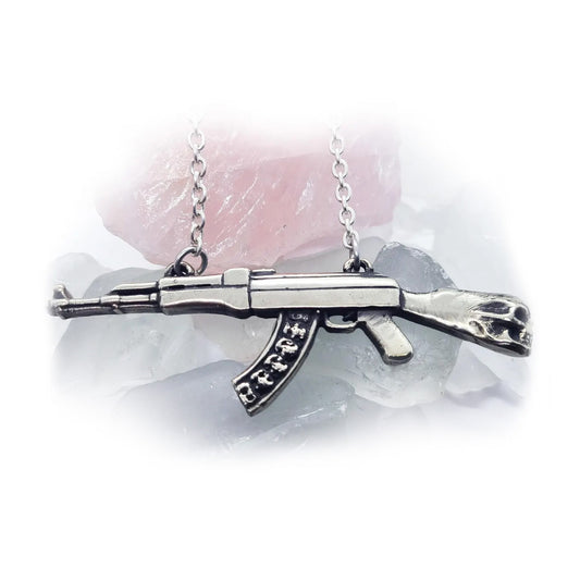 Skull Head Machine Gun with Skull Bullets Sterling Silver Necklace
