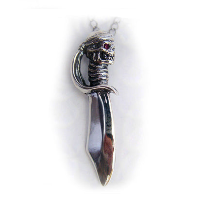 Skull Head Sword Silver Pendant with Ruby Stone Eyes