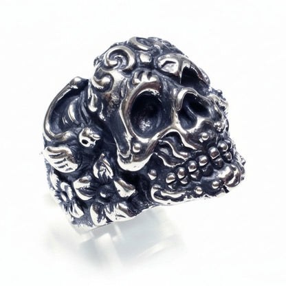 Skull With Birds and Flowers Sterling Silver Ring