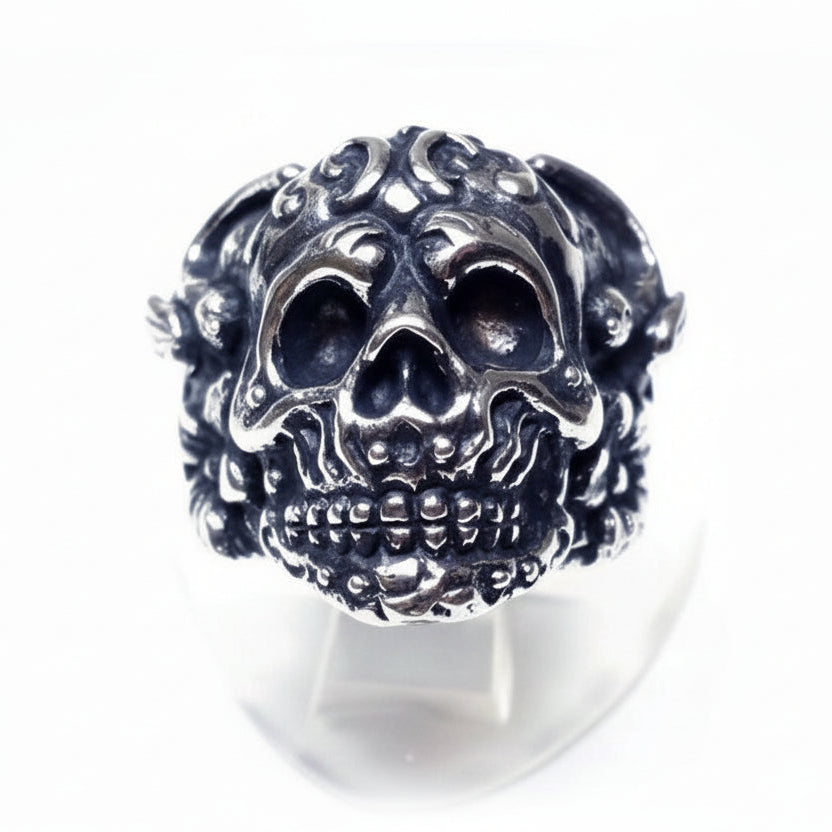 Skull With Birds and Flowers Sterling Silver Ring