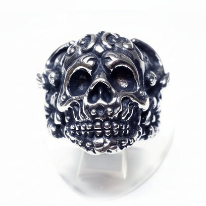 Skull With Birds and Flowers Sterling Silver Ring