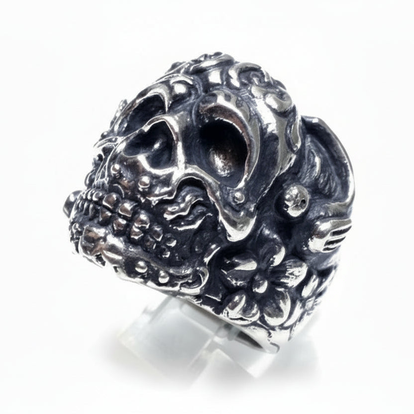 Skull With Birds and Flowers Sterling Silver Ring