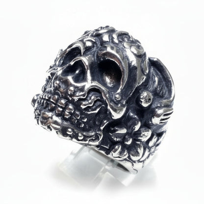 Skull With Birds and Flowers Sterling Silver Ring