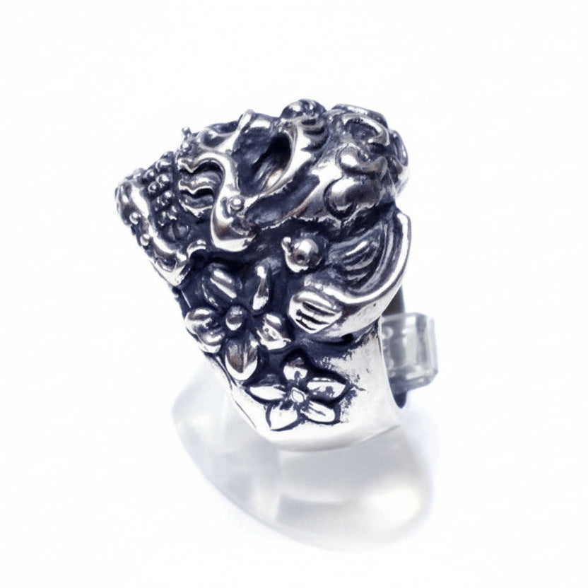 Skull With Birds and Flowers Sterling Silver Ring