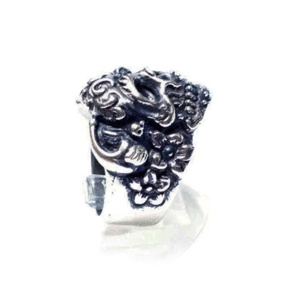 Skull With Birds and Flowers Sterling Silver Ring