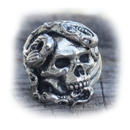 Skull Wrapped Snake Sterling Silver Ring with Onyx Stones