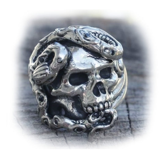 Skull Wrapped Snake Sterling Silver Ring with Onyx Stones