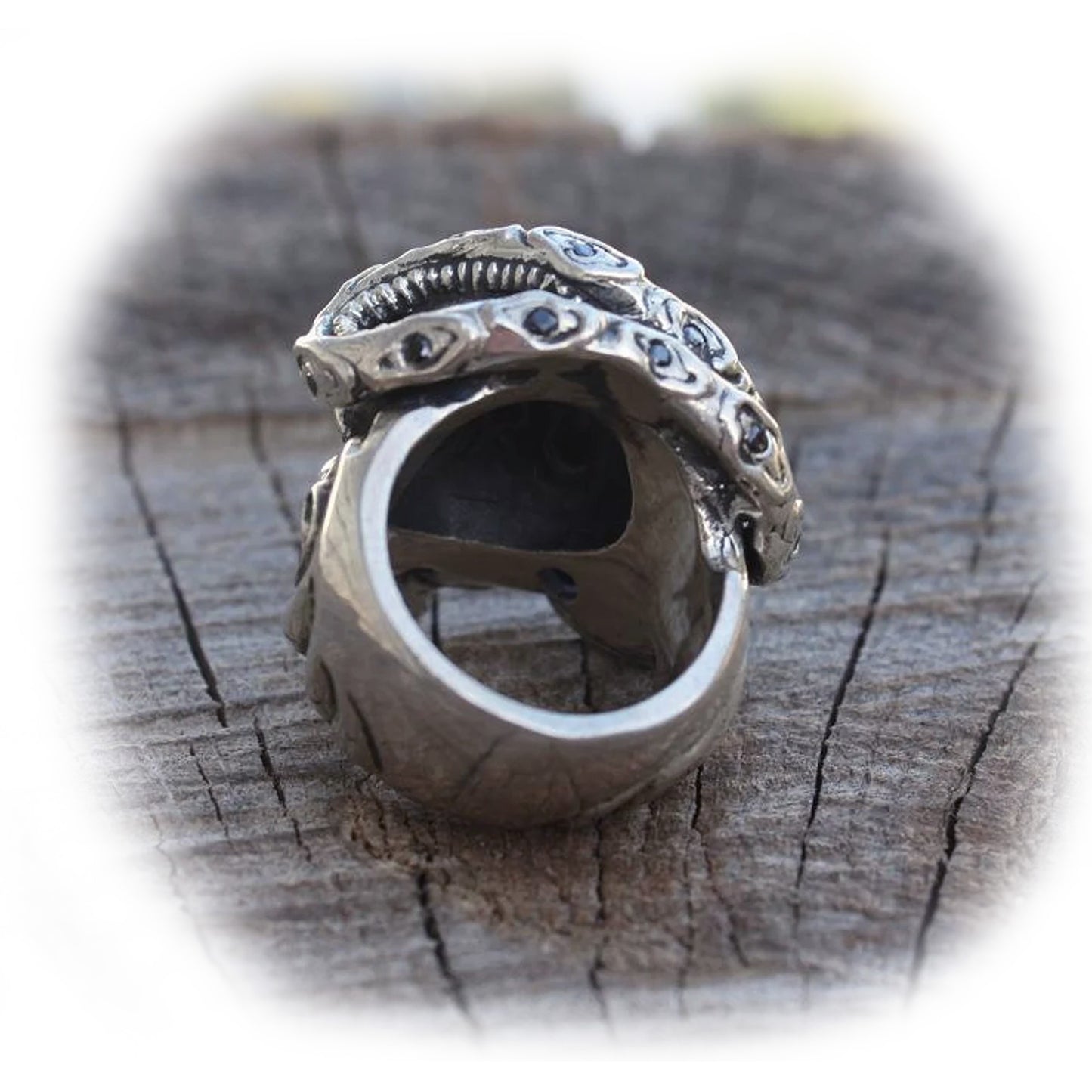 Skull Wrapped Snake Sterling Silver Ring with Onyx Stones