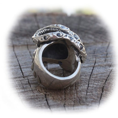 Skull Wrapped Snake Sterling Silver Ring with Onyx Stones