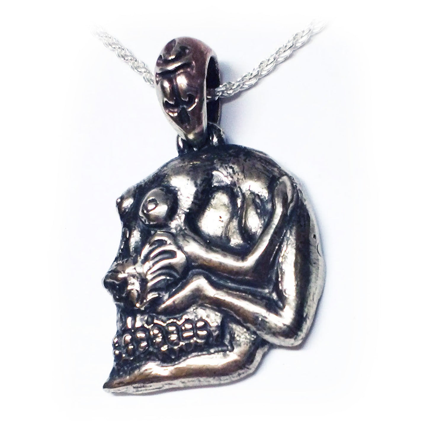 Skull with Lady Body in Face Sterling Silver Pendant