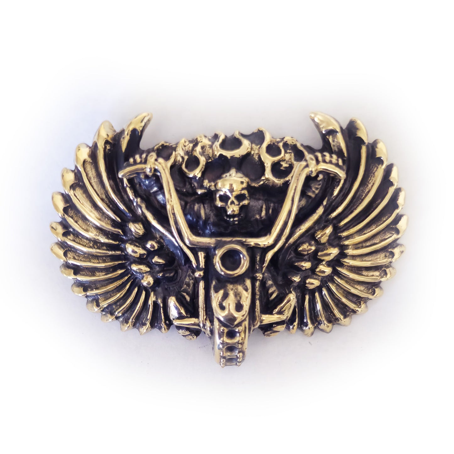 Skull Motorcyclist in Fire Brass Belt Buckle with Onyx and stones
