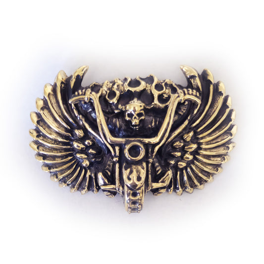Skull Motorcyclist in Fire Brass Belt Buckle with Onyx and stones